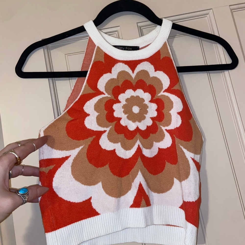 Lilly Fox Retro Floral Knit Halter Top - Red, White, Tan